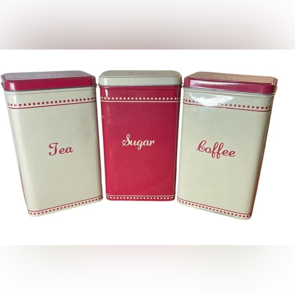 3 Storage Dry Food Tin Containers - Sugar, Coffee & Tea
